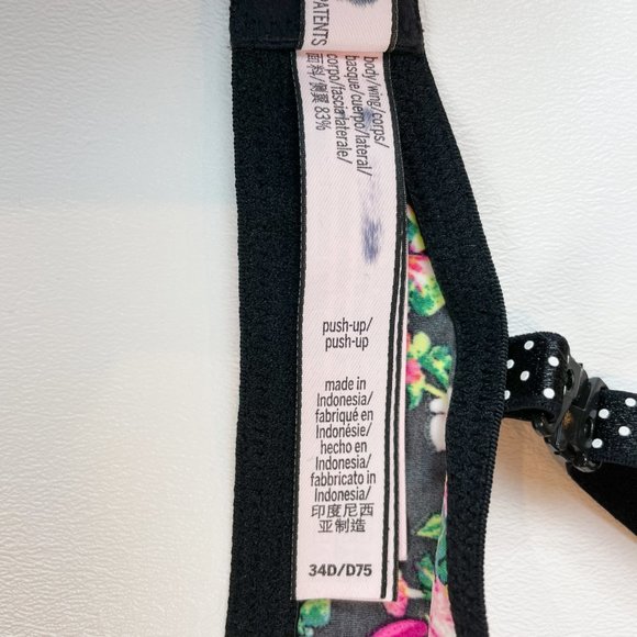 NWOT Victoria's Secret Bra 34D Push-Up Black Floral Polka Dot B982 - Picture 7 of 8